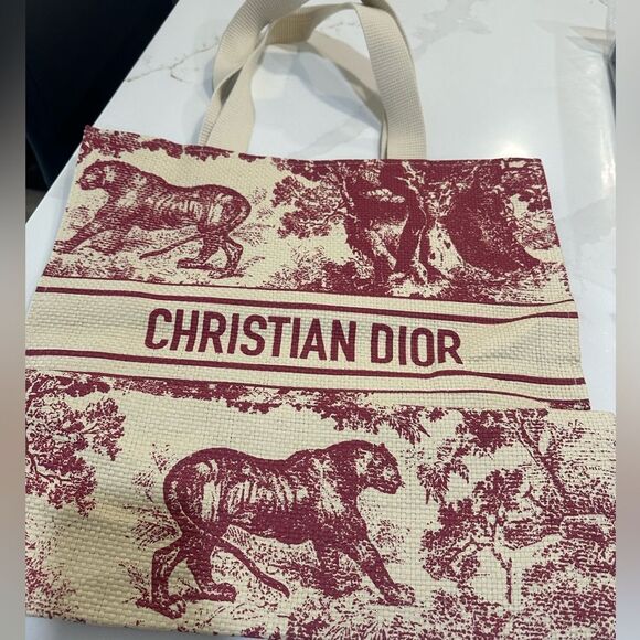 Christian Dior Red and Cream Dior Riviera Straw Tote Bag - Picture 3 of 6